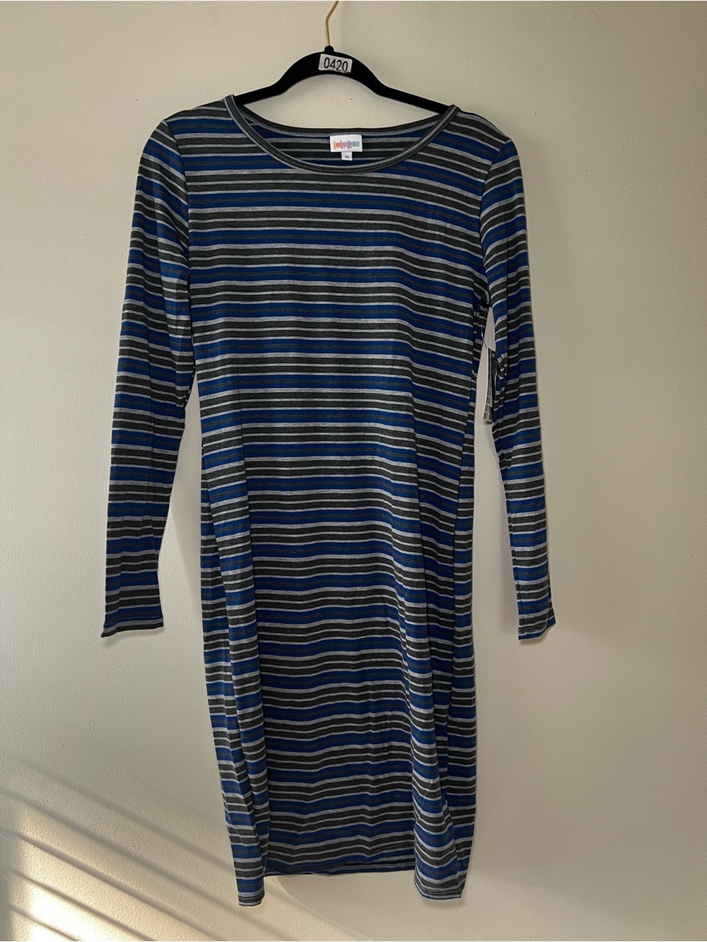 LuLaRoe Debbie Navy Blue & Gray Striped Long Sleeve Dress